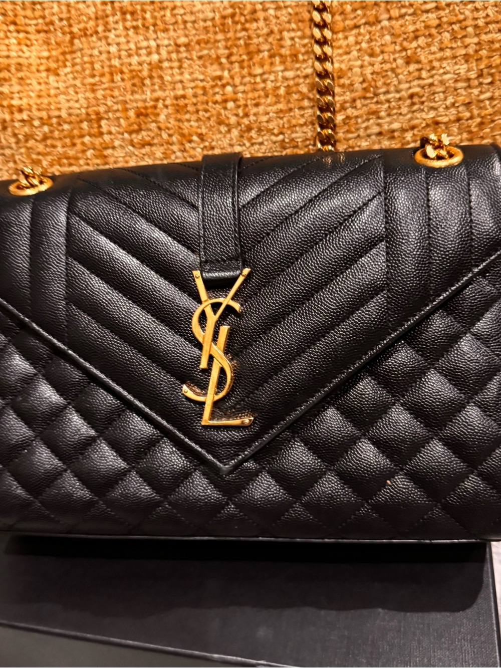 Saint Laurent Black Quilted Chevron Envelope Shoulder Bag with Gold YSL